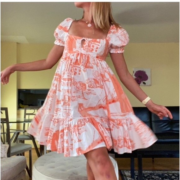 Urban Outfitters Dresses & Skirts - Urban Outfitters Wonderland Coral Babydoll Tieback Dress Puff Sleeves Size small